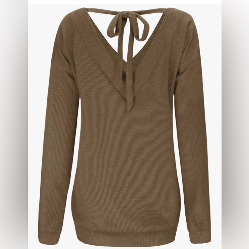 NWT. Ouges. Tie Back V Neck Waffle Knit Top. Brow… - image 1